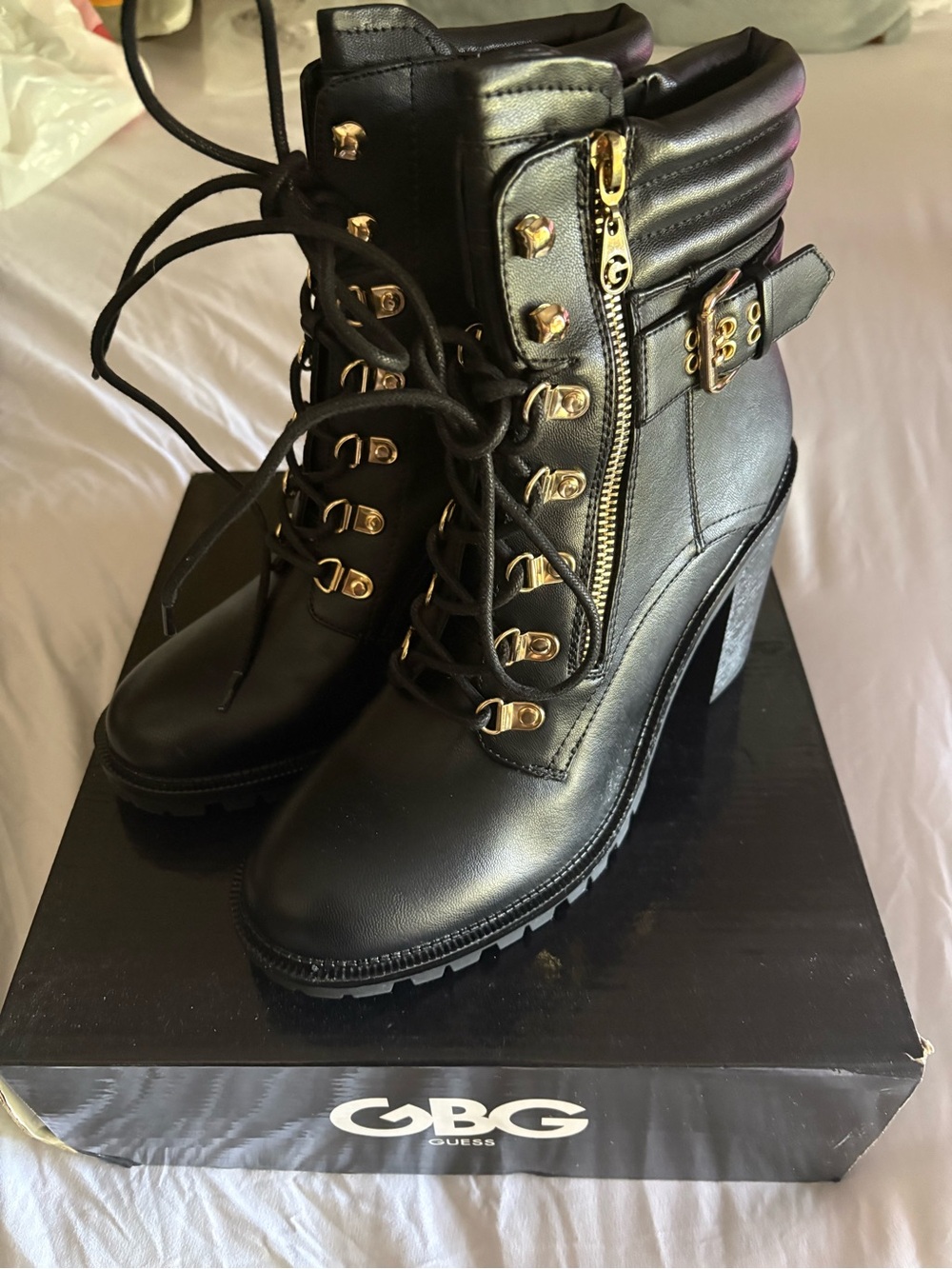 GUESS G by GUESS - JAYLEE Black Lace-Up Heeled Ankle Boots with Gold Hardware